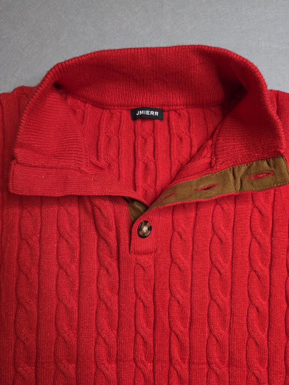 Jmierr Red Cable-Knit Zip-Front Sweater with Brown Elbow Patches XL - Picture 2 of 6